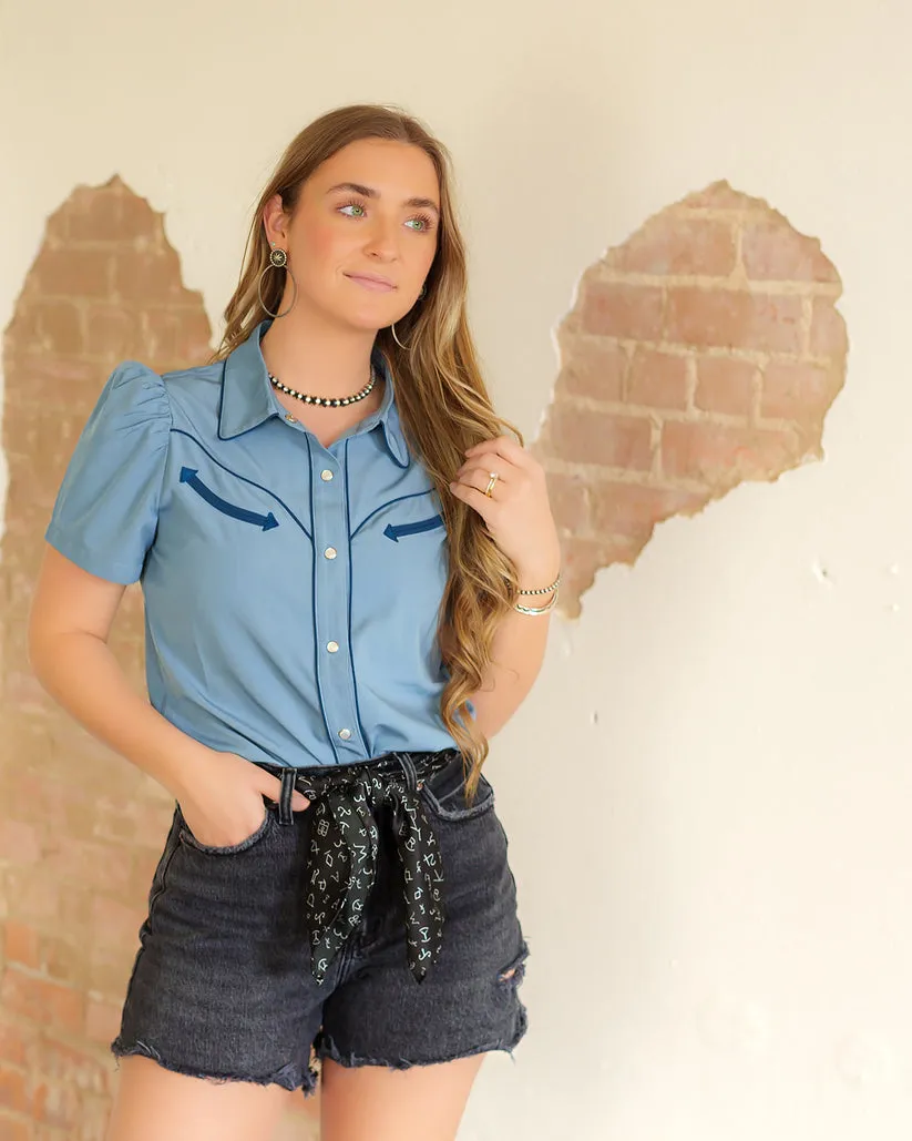 Light Blue & Navy Puff Sleeve Blouse