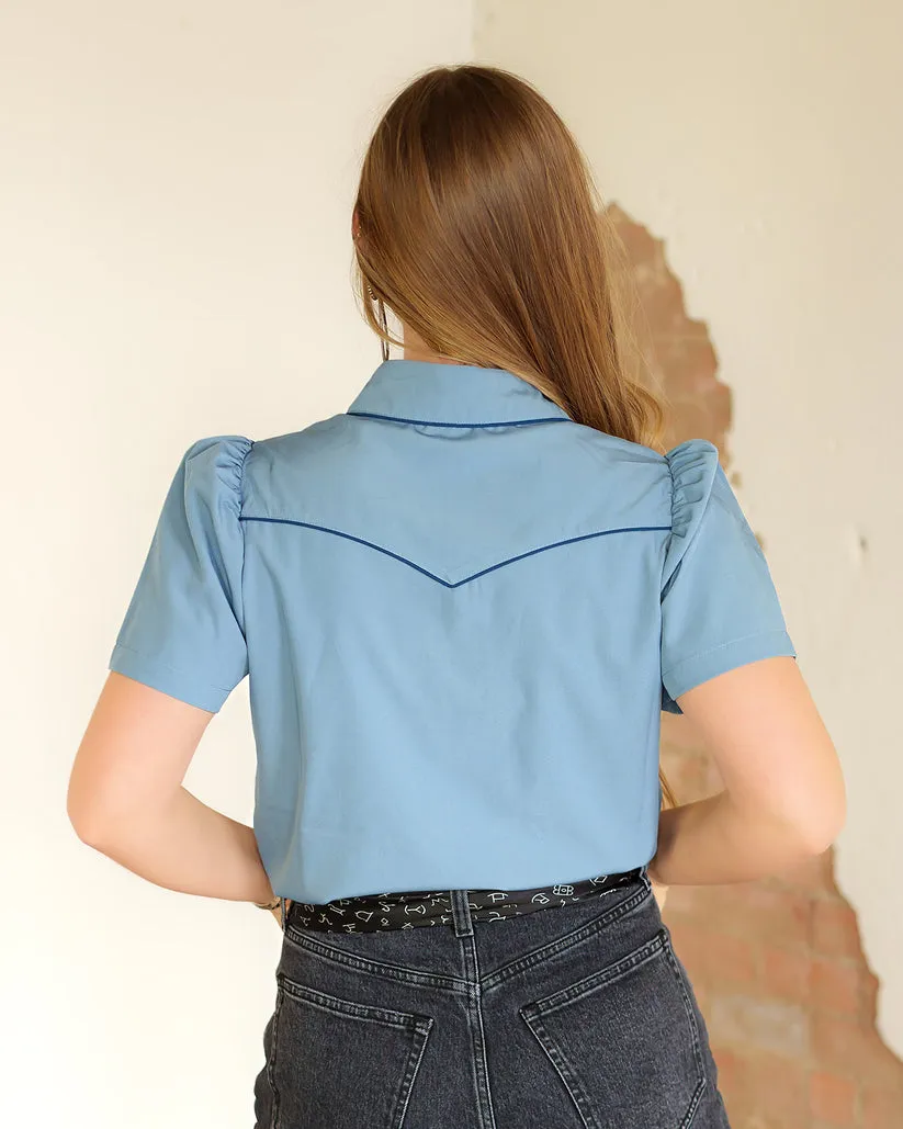 Light Blue & Navy Puff Sleeve Blouse