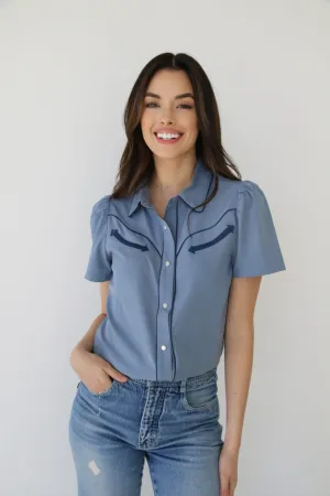 Light Blue & Navy Puff Sleeve Blouse