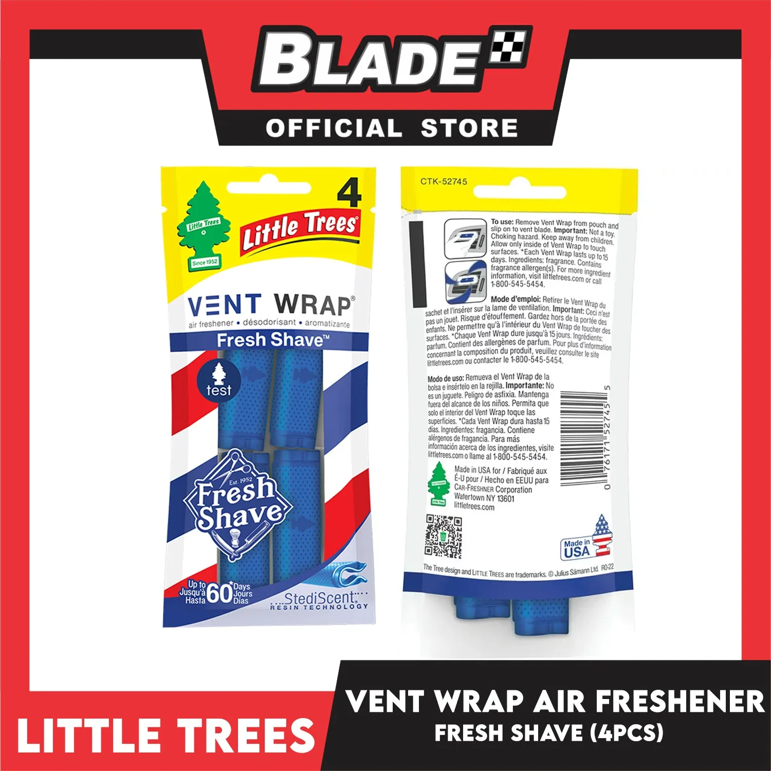 Little Tree Vent Wrap 4pcs (Fresh Shave) Provides Long-Lasting Scent, Slip On Vent Wrap Car Air Freshener