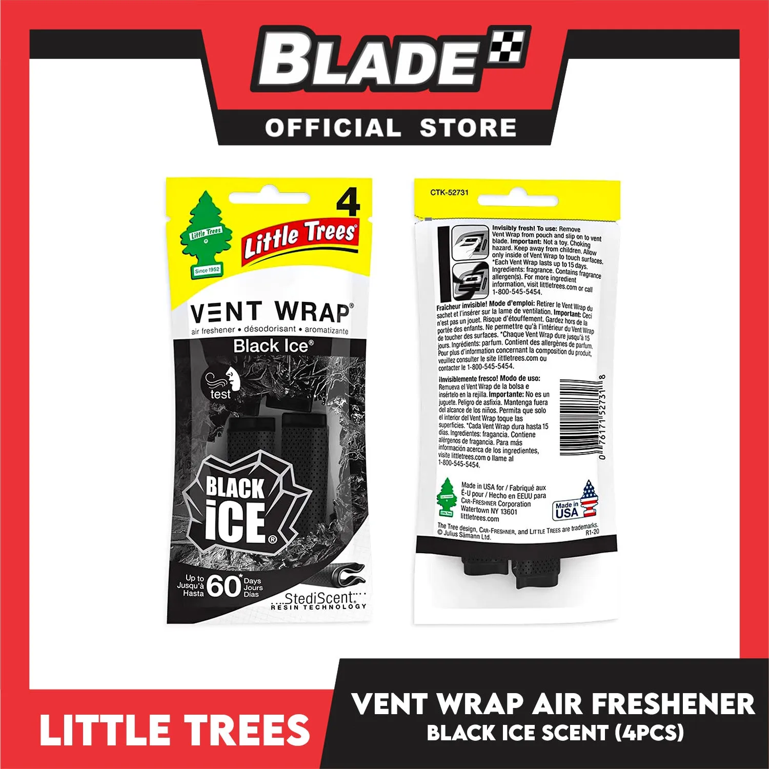 Little Trees Vent Wrap Air Freshener 4pcs (Black Ice) Provides Long-Lasting Scent, Slip On Vent Wrap Car Air Freshener
