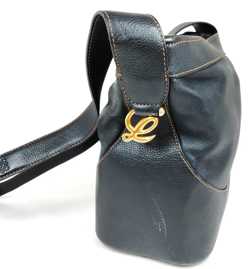 LOEWE MADRID. Black Leather Contrast Stitching Shoulder Bag