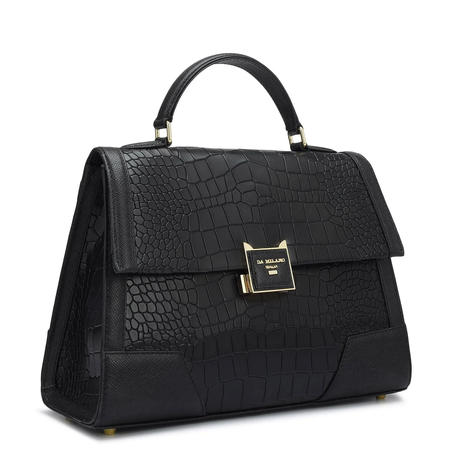 Medium Croco Franzy Leather Satchel - Black