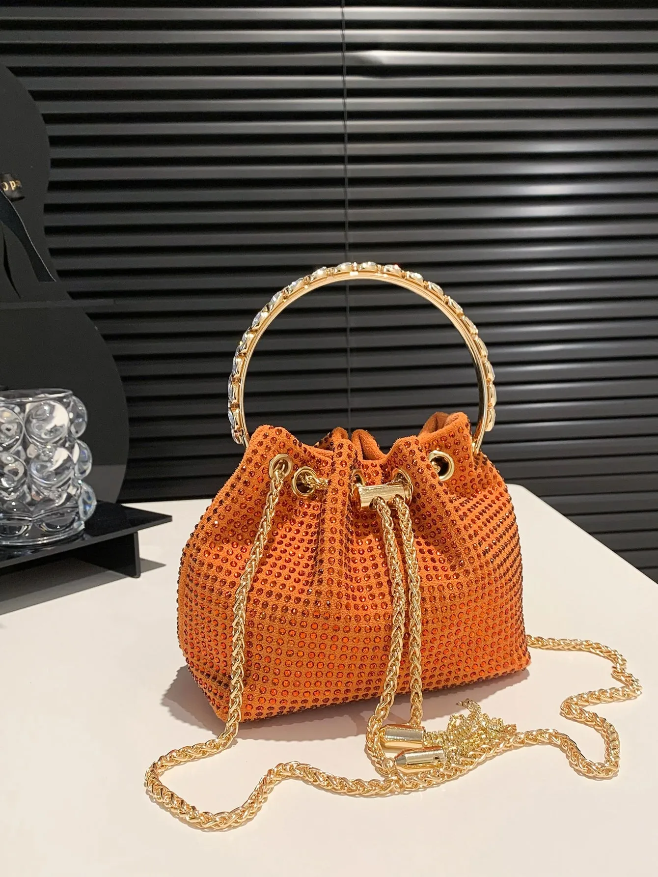 Mini Drawstring Rhinestone Decor Bucket Bag - Orange
