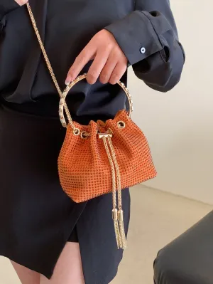 Mini Drawstring Rhinestone Decor Bucket Bag - Orange
