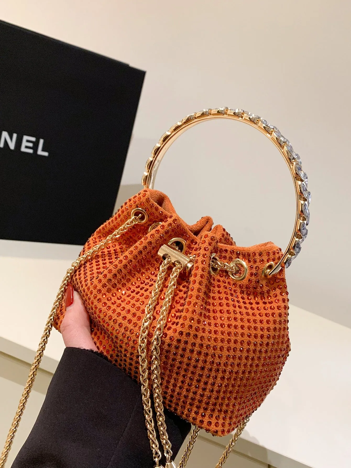 Mini Drawstring Rhinestone Decor Bucket Bag - Orange