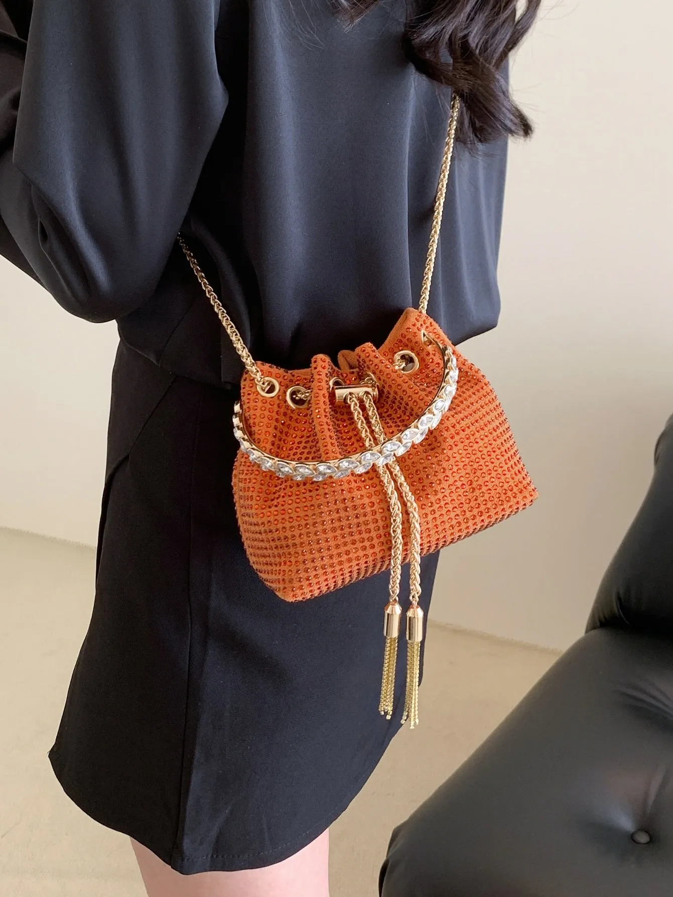Mini Drawstring Rhinestone Decor Bucket Bag - Orange