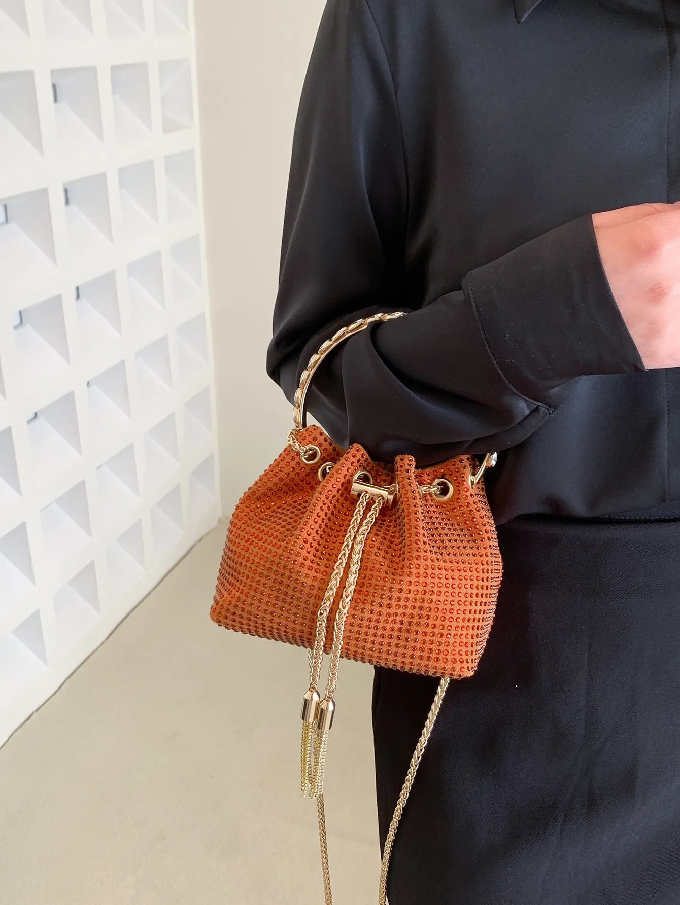 Mini Drawstring Rhinestone Decor Bucket Bag - Orange