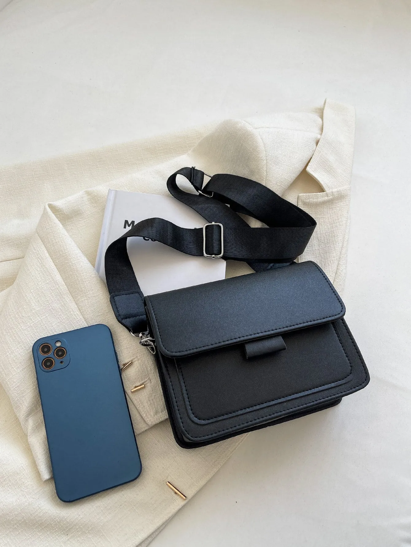 Mini Minimalist Flap Square Bag - Black