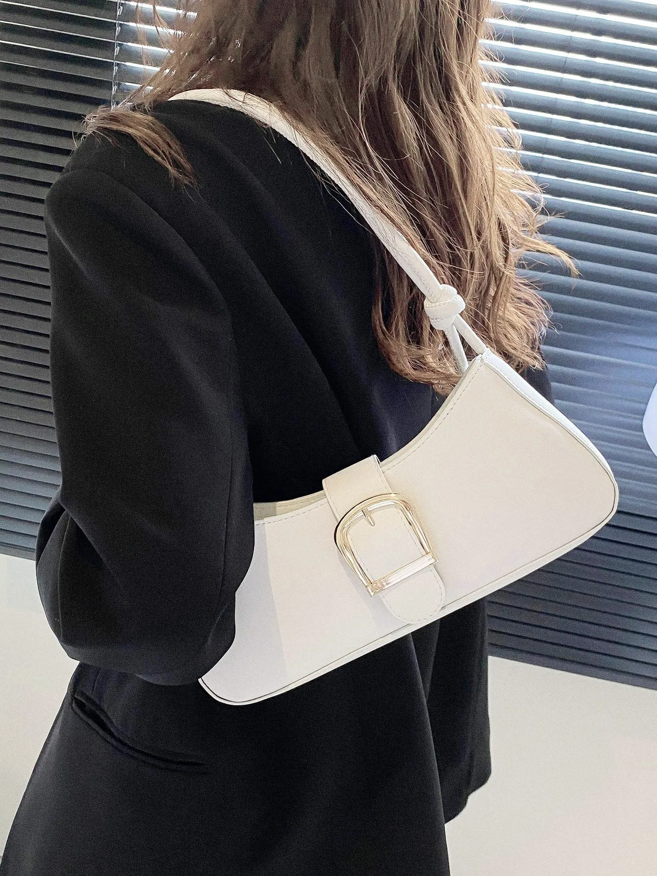 Minimalist Buckle Decor Baguette Bag - White- FD ⚡