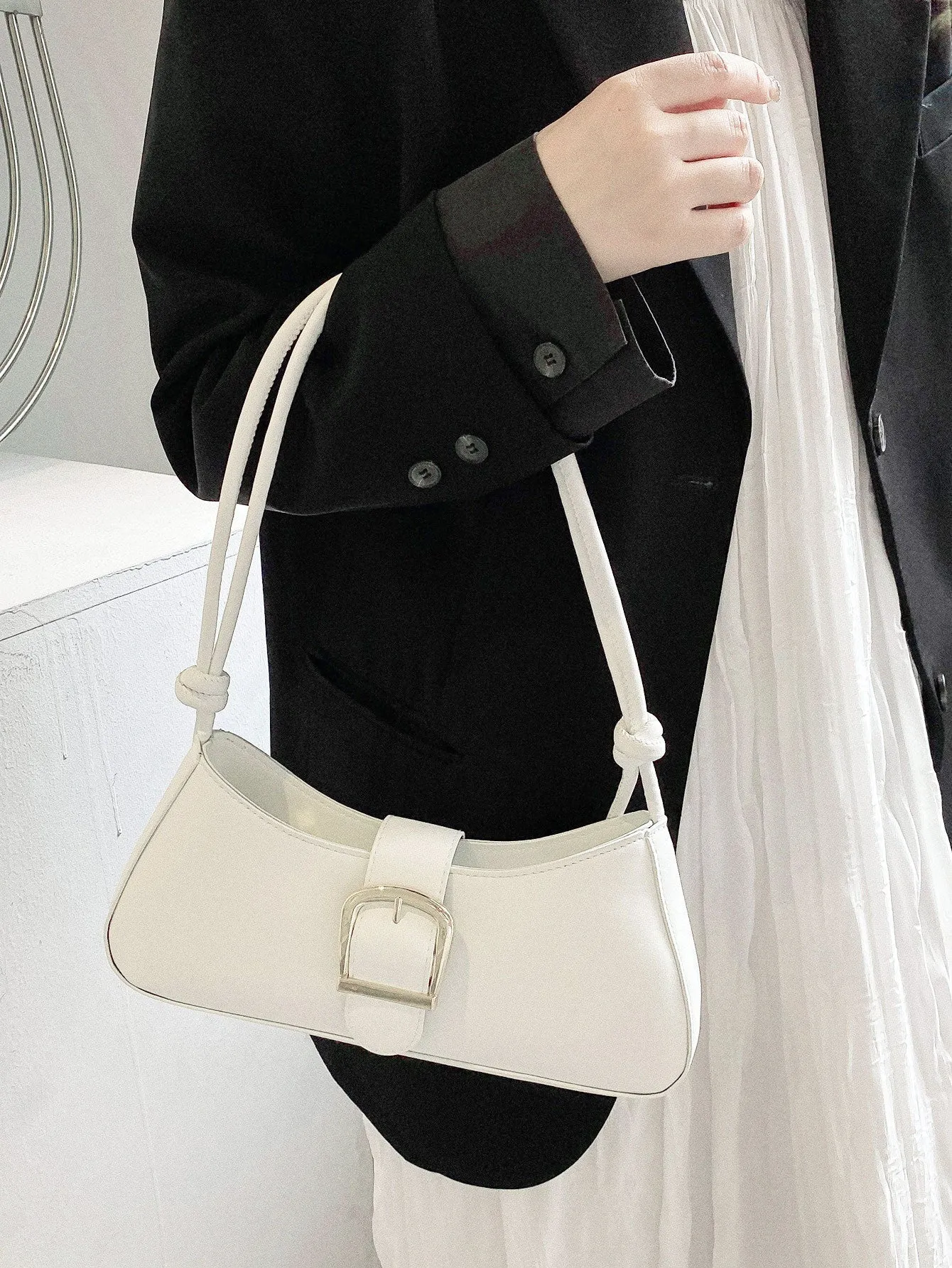 Minimalist Buckle Decor Baguette Bag - White- FD ⚡