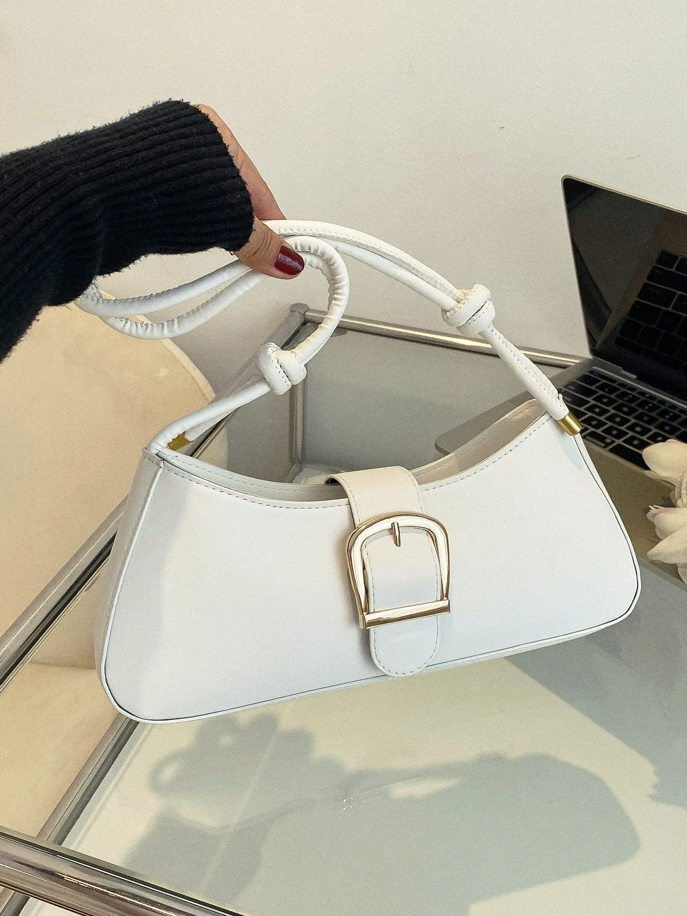 Minimalist Buckle Decor Baguette Bag - White- FD ⚡