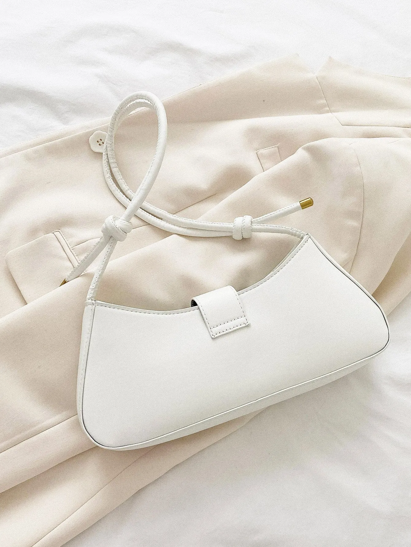 Minimalist Buckle Decor Baguette Bag - White- FD ⚡