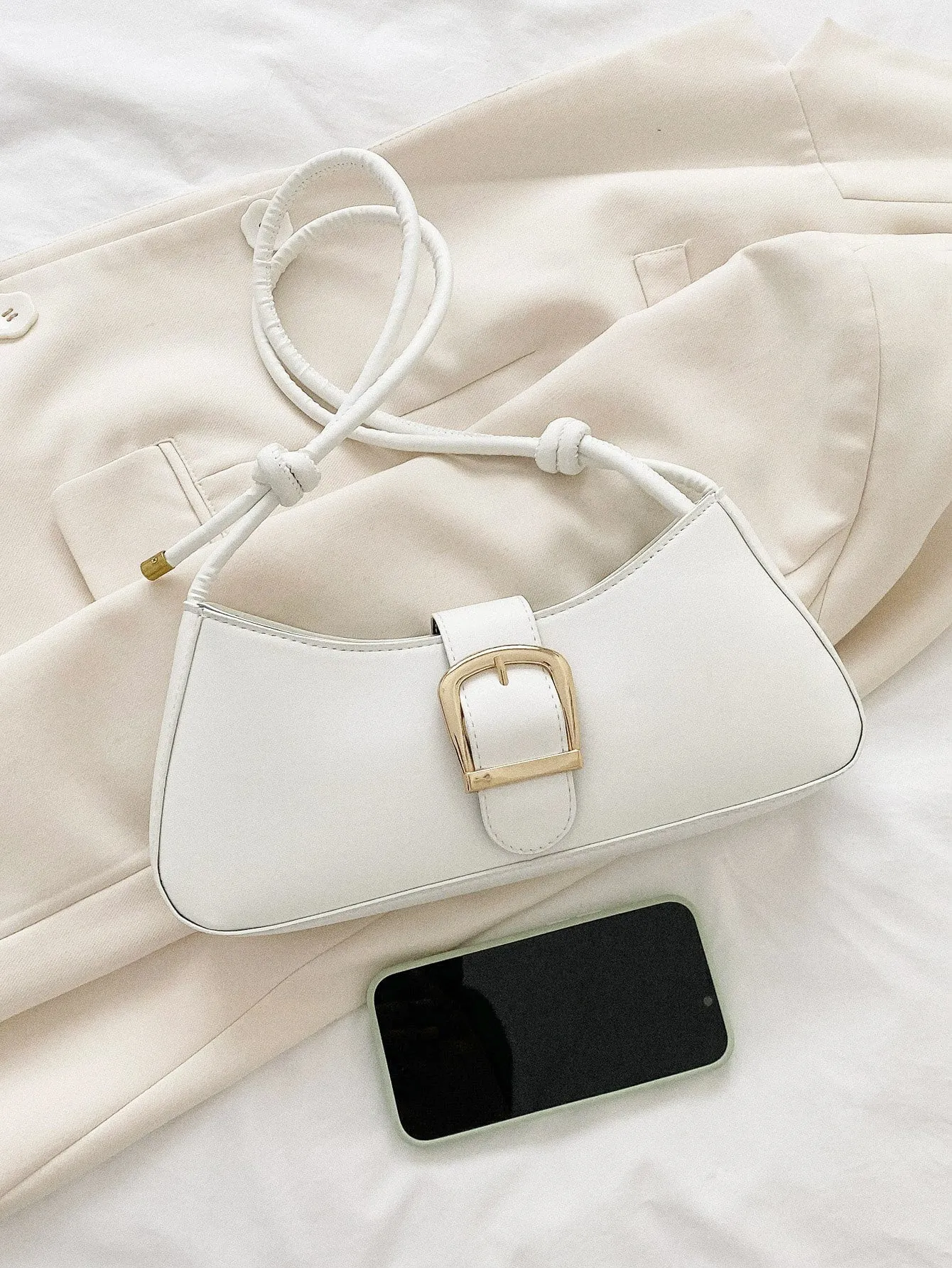 Minimalist Buckle Decor Baguette Bag - White- FD ⚡