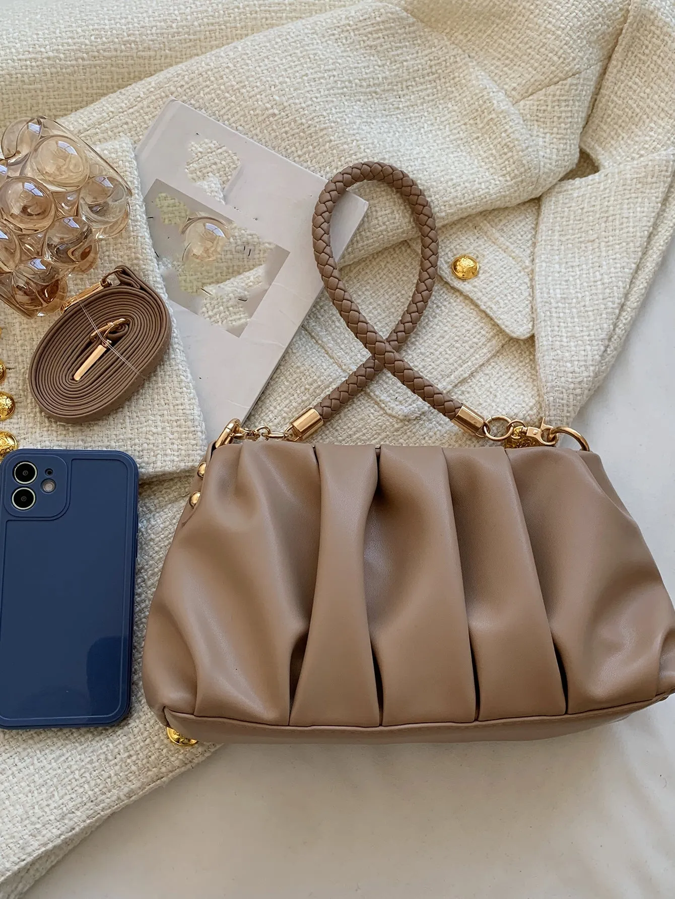 Minimalist Ruched Bag - Khaki- FD ⚡