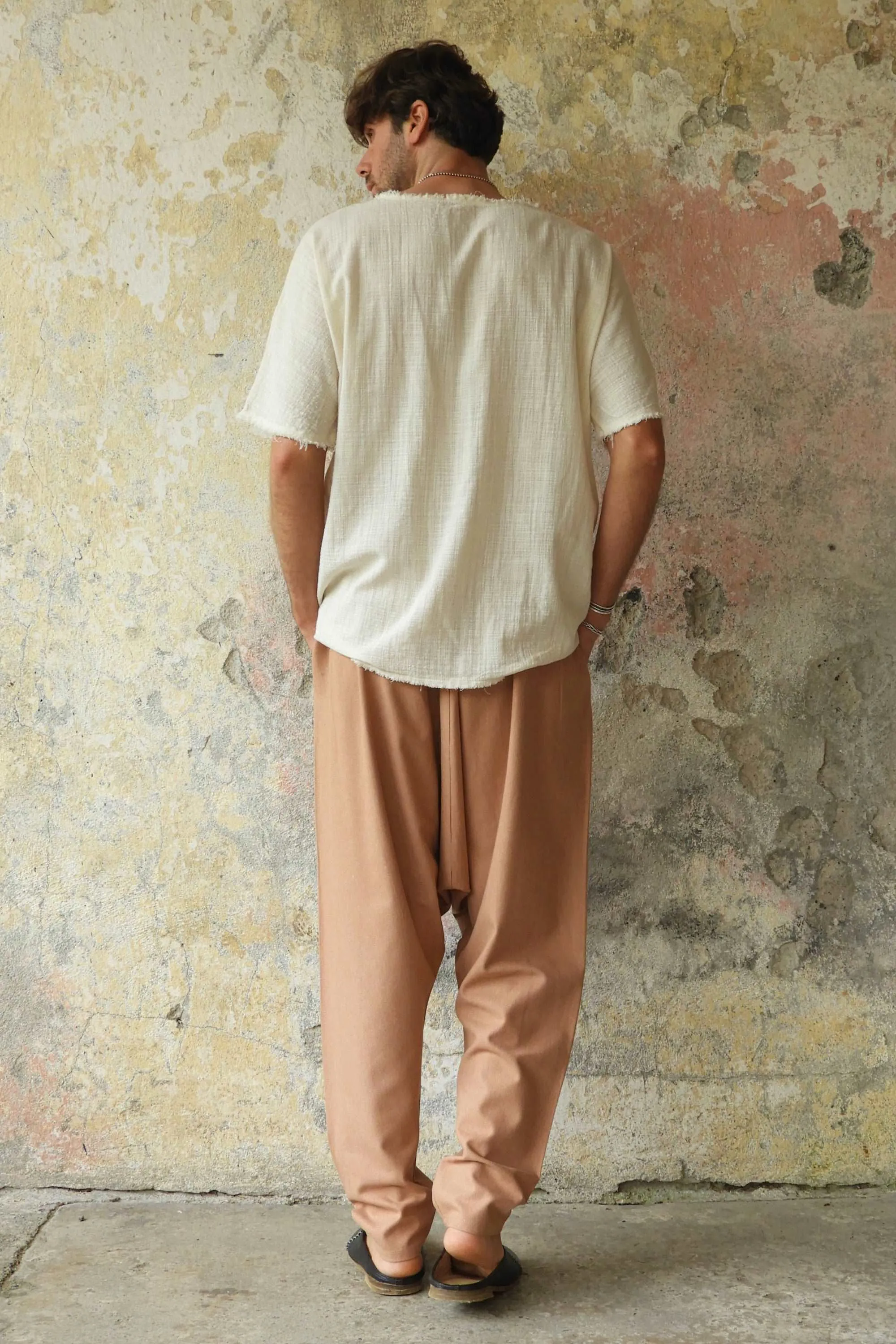 MOON Men's Linen Blend Harem Pants (Black, Tan)