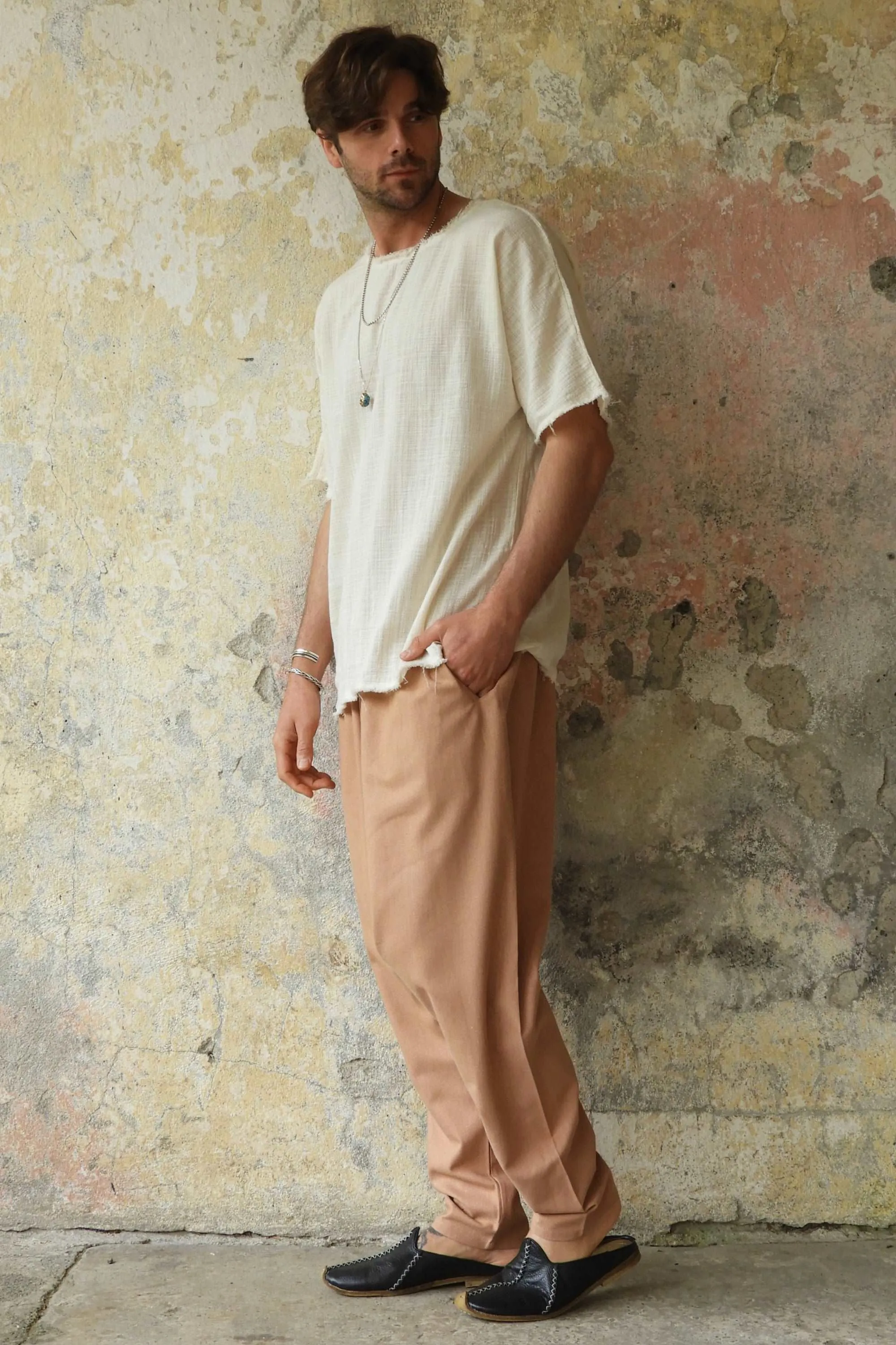 MOON Men's Linen Blend Harem Pants (Black, Tan)