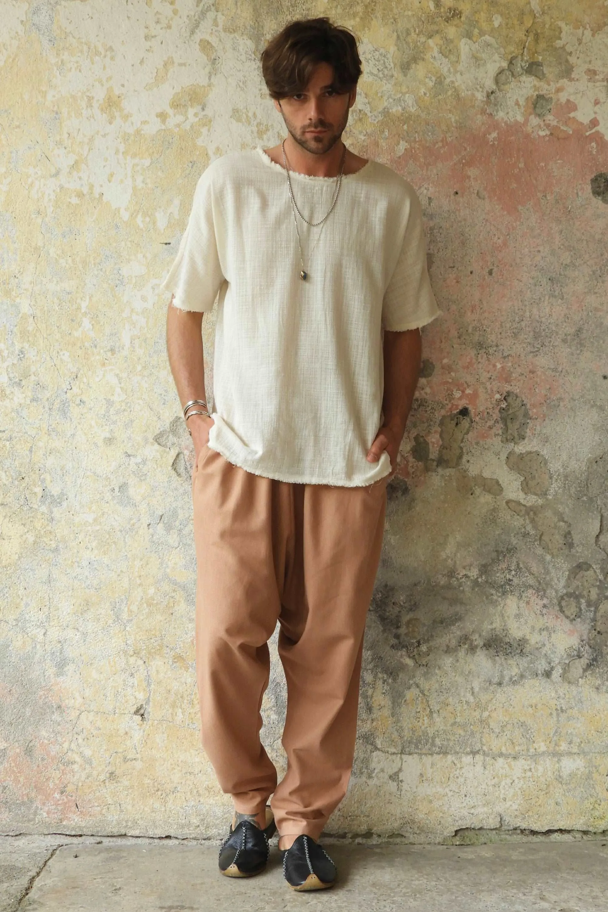 MOON Men's Linen Blend Harem Pants (Black, Tan)
