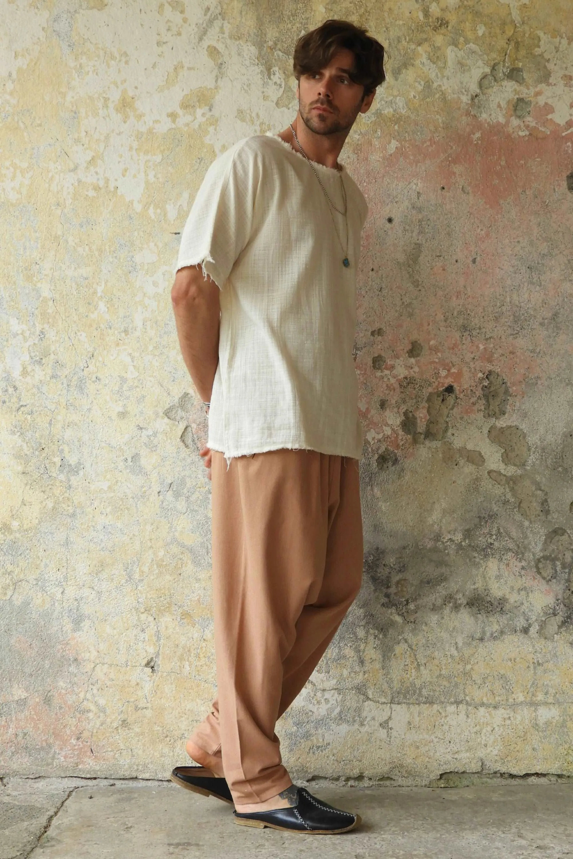 MOON Men's Linen Blend Harem Pants (Black, Tan)
