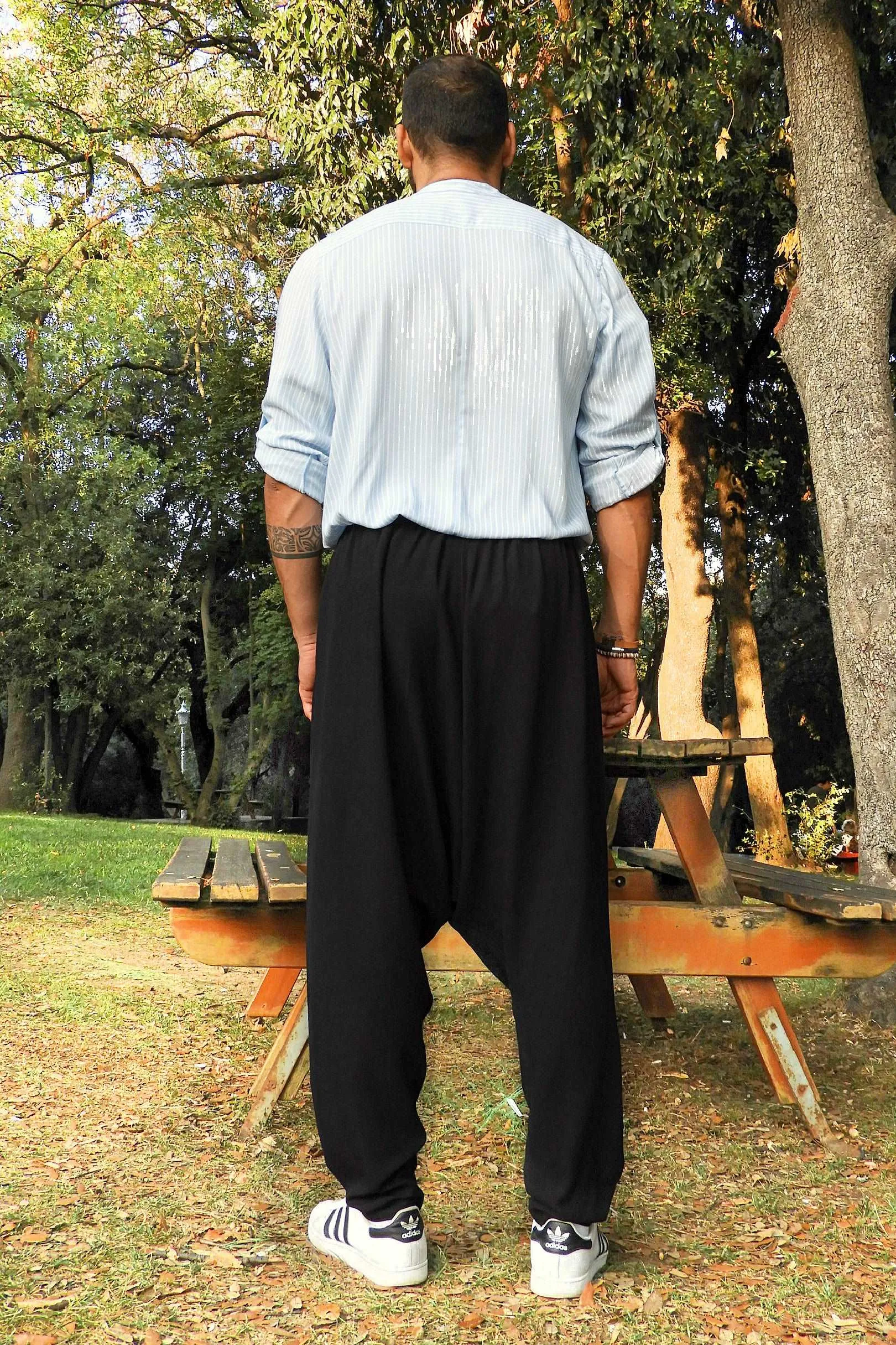 MOON Men's Linen Blend Harem Pants (Black, Tan)