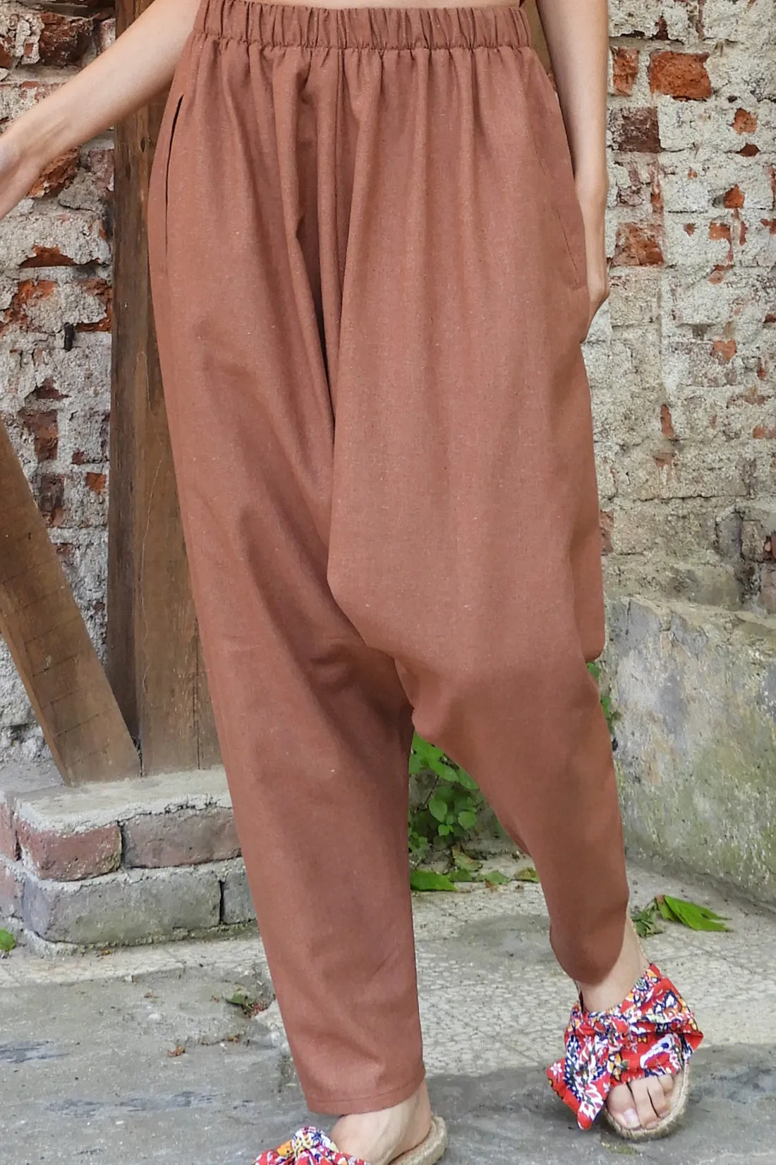 MOON Women's Linen Blend Harem Pants (Brown)