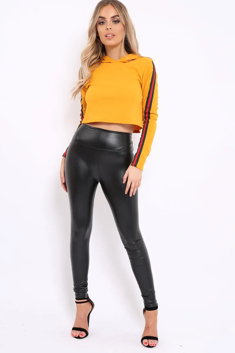 Mustard Cropped Hoodie with Striped Trim - Essie