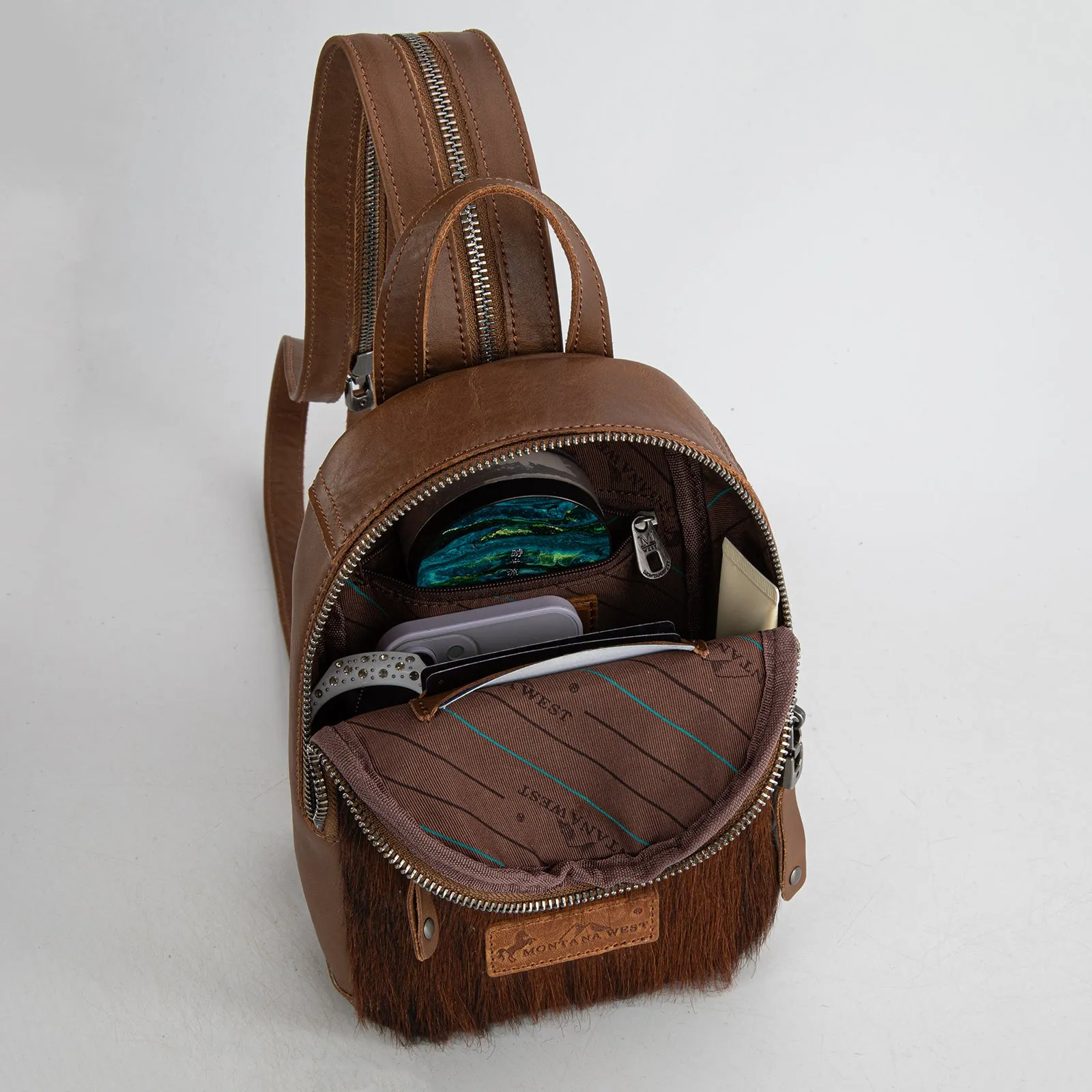 MWR-066 Montana West Genuine Hair-On Cowhide Convertible Sling Backpack - Black