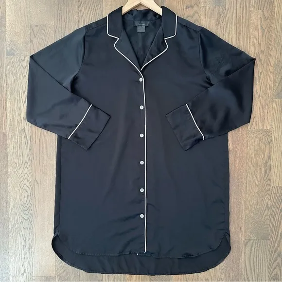 Natori Womens Charm Essentials Solid Button Down Sleepshirt Black &amp; White Small
