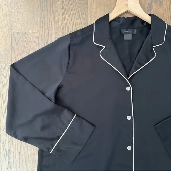 Natori Womens Charm Essentials Solid Button Down Sleepshirt Black &amp; White Small