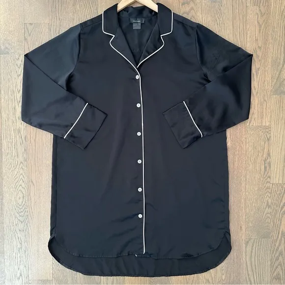 Natori Womens Charm Essentials Solid Button Down Sleepshirt Black &amp; White Small