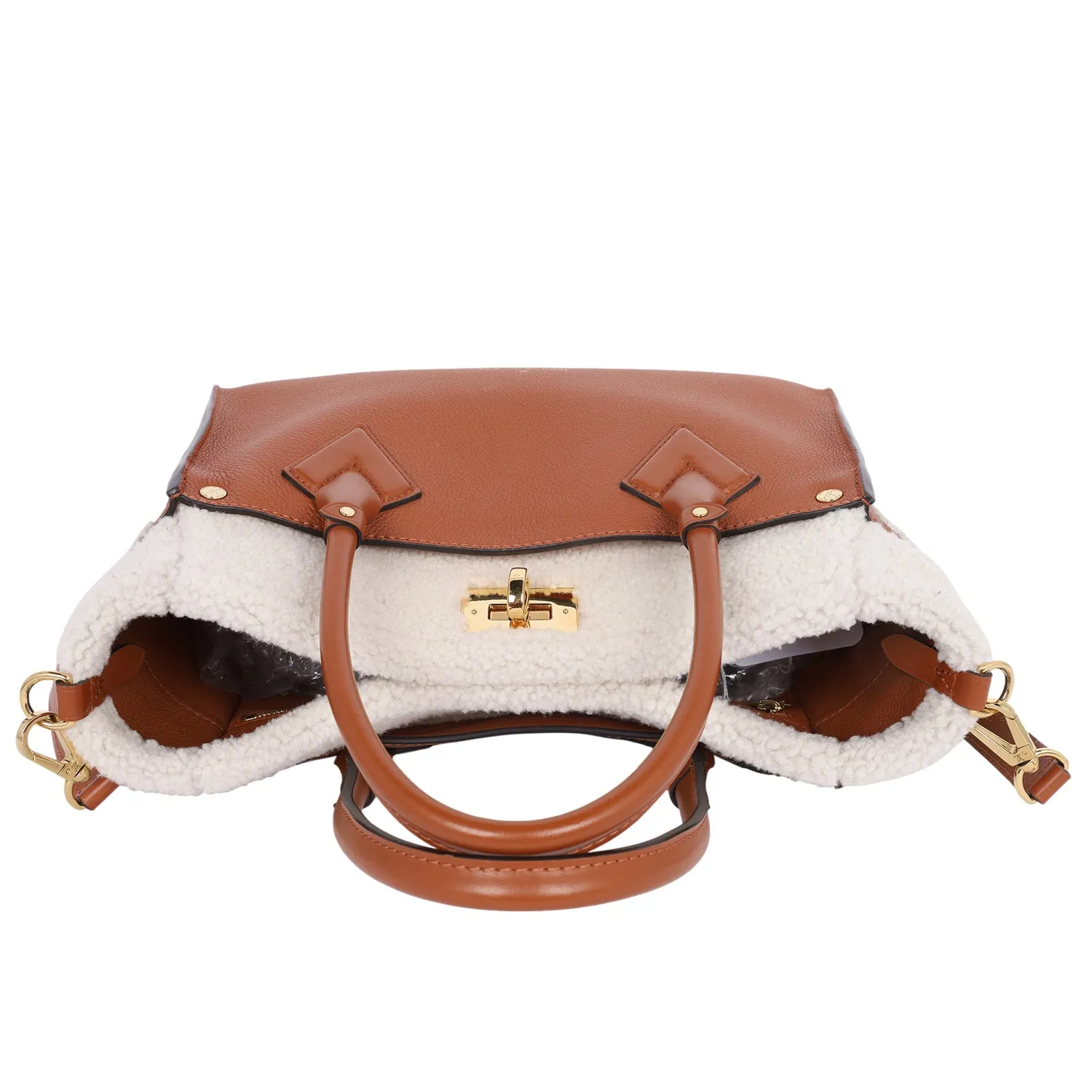 On My Side MM Leather Shearling Satchel Caramel