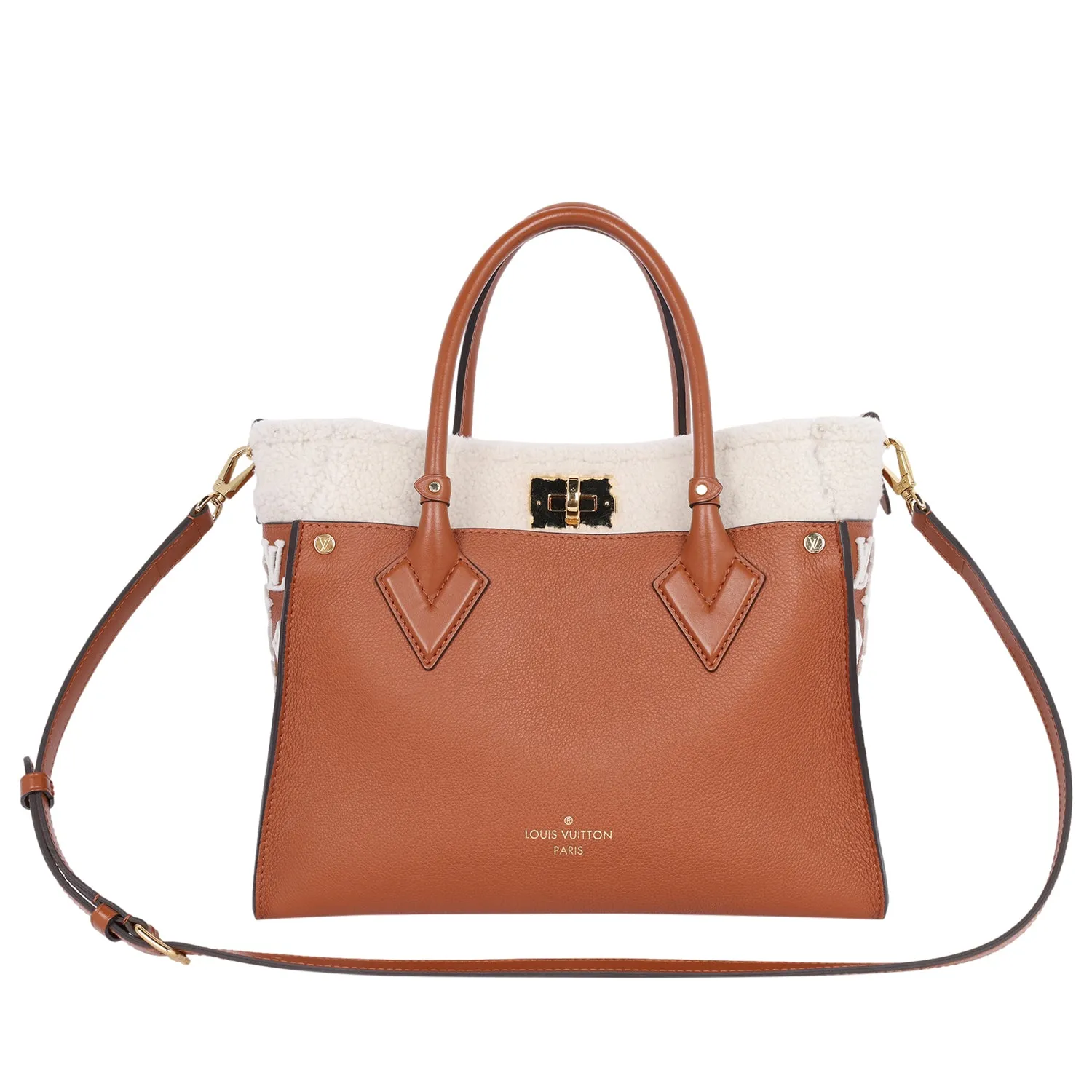 On My Side MM Leather Shearling Satchel Caramel