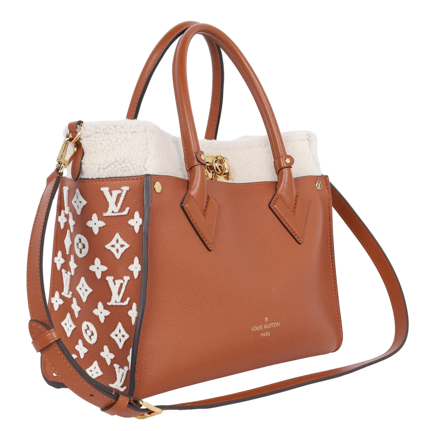 On My Side MM Leather Shearling Satchel Caramel