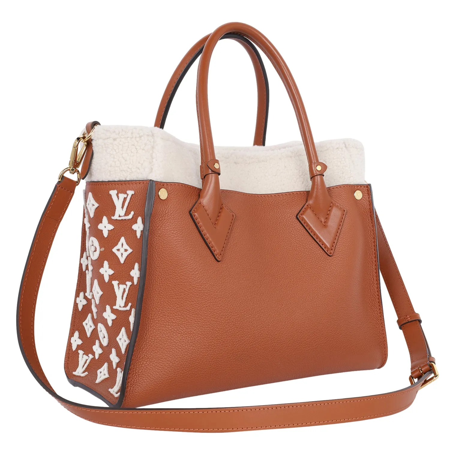 On My Side MM Leather Shearling Satchel Caramel