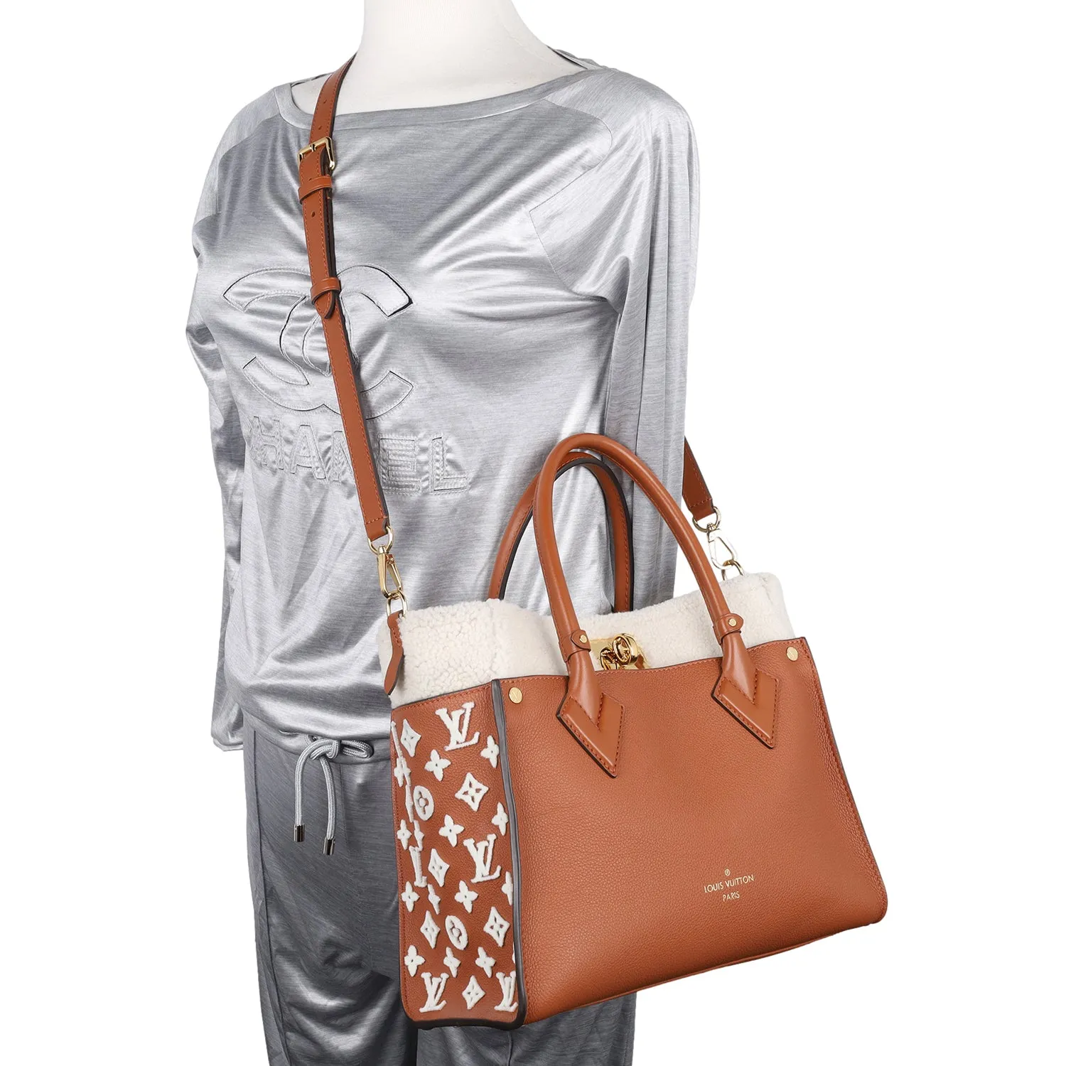 On My Side MM Leather Shearling Satchel Caramel