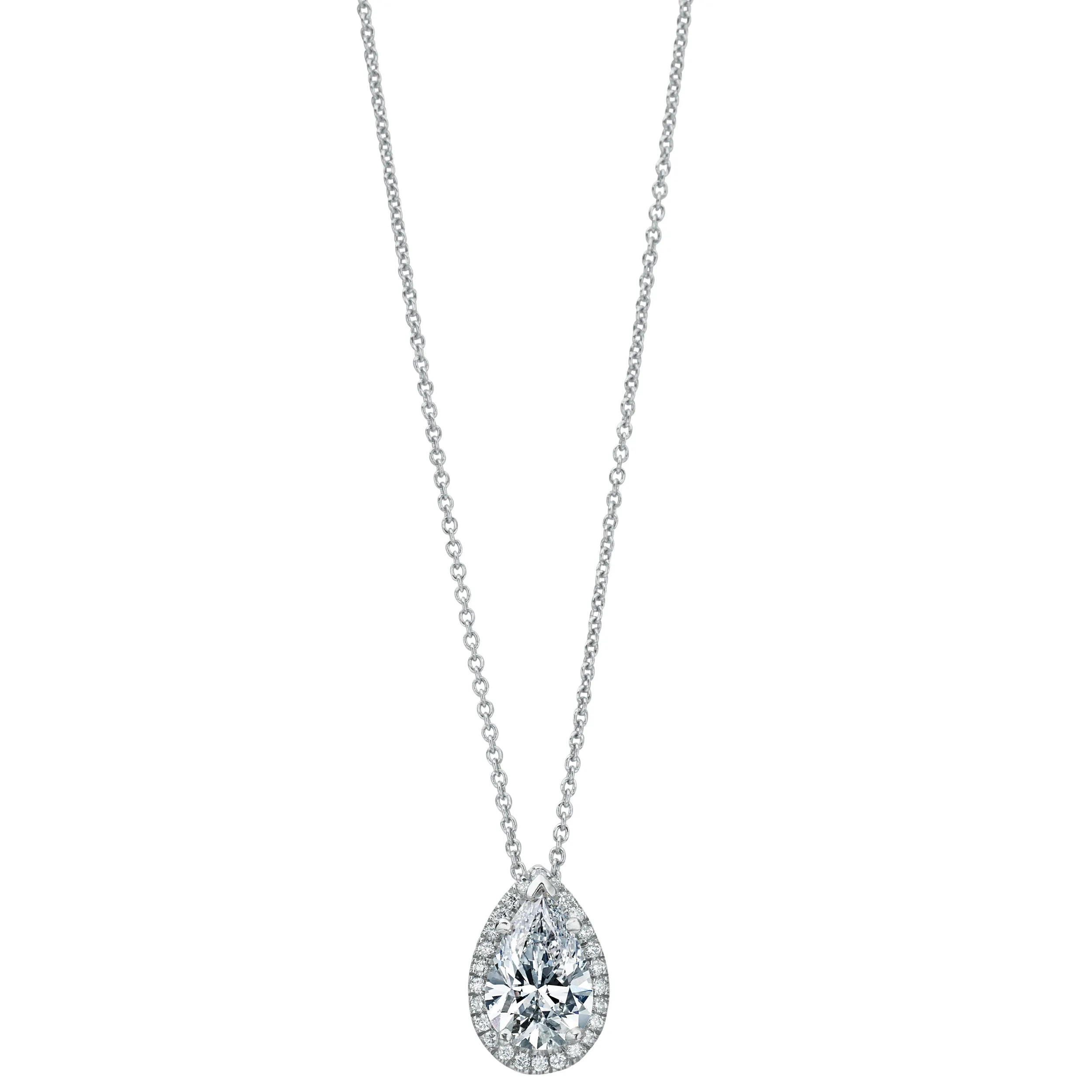 Pear Shape Diamond Halo Pendant Necklace 18K White Gold