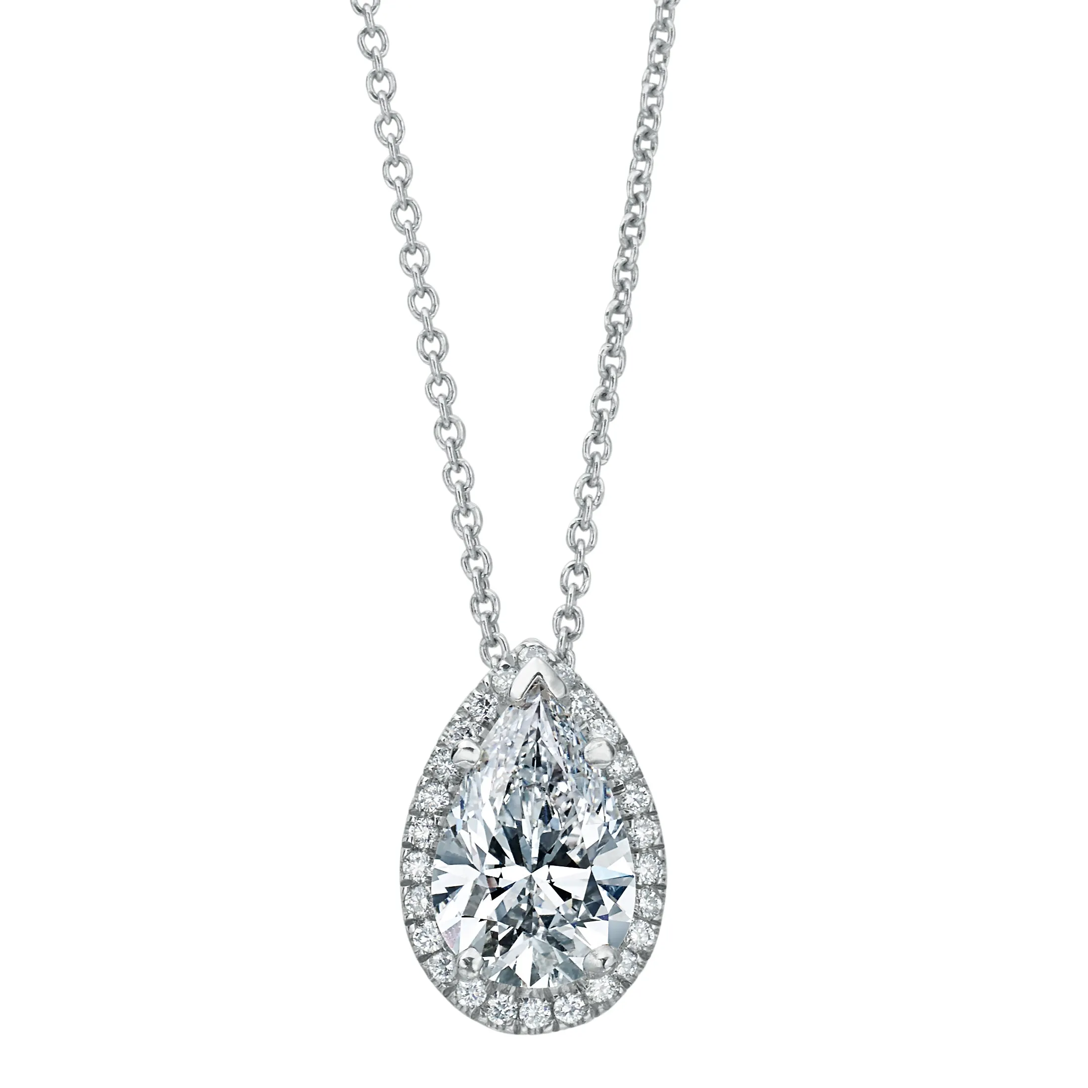Pear Shape Diamond Halo Pendant Necklace 18K White Gold
