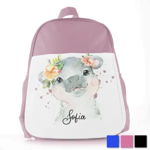Personalised School Bag with Cute Text and Hippo Rain Print