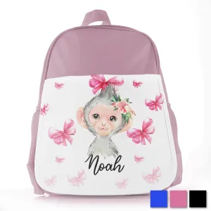 Personalised School Bag with Cute Text and Monkey Pink Bows