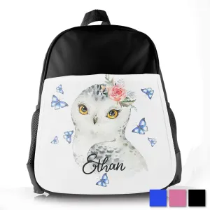 Personalised School Bag with Cute Text and Owl Blue Butterfly
