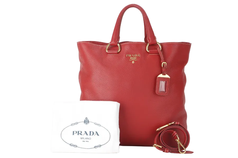 PRADA CONVERTIBLE VERTICAL TOTE RED GRAINED CALF LEATHER GOLD HARDWARE WITH DUST COVER AND STRAP