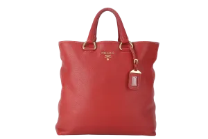 PRADA CONVERTIBLE VERTICAL TOTE RED GRAINED CALF LEATHER GOLD HARDWARE WITH DUST COVER AND STRAP