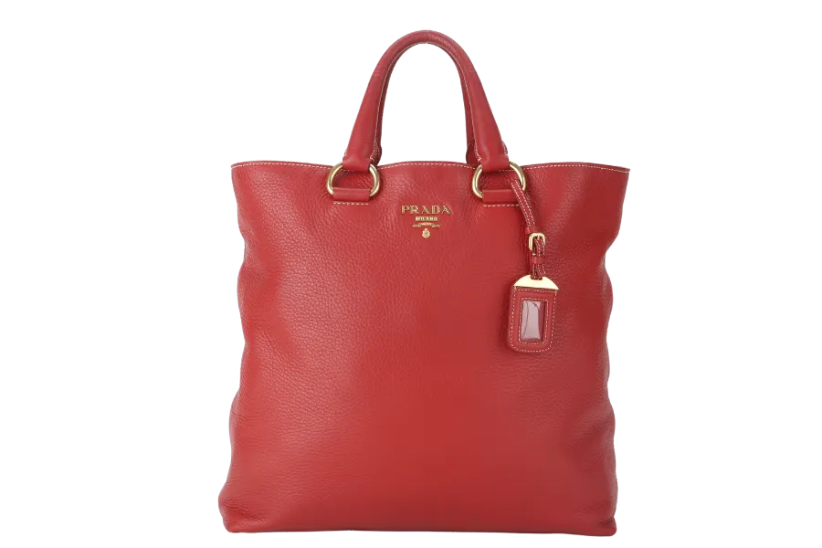 PRADA CONVERTIBLE VERTICAL TOTE RED GRAINED CALF LEATHER GOLD HARDWARE WITH DUST COVER AND STRAP