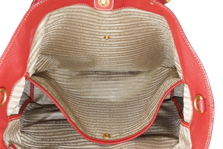 PRADA CONVERTIBLE VERTICAL TOTE RED GRAINED CALF LEATHER GOLD HARDWARE WITH DUST COVER AND STRAP