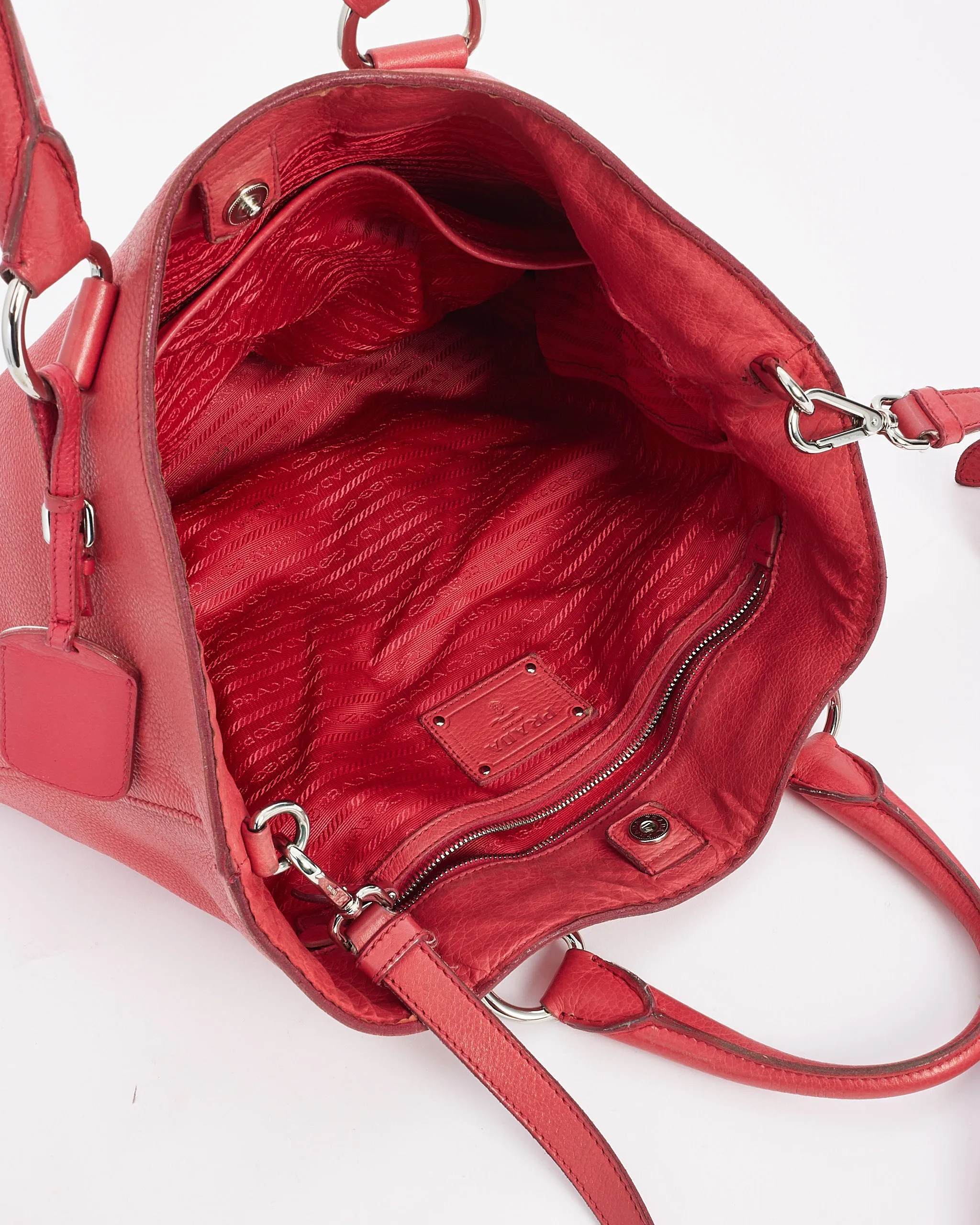 Prada Rose Red Leather Daino Large Convertible Tote Bag