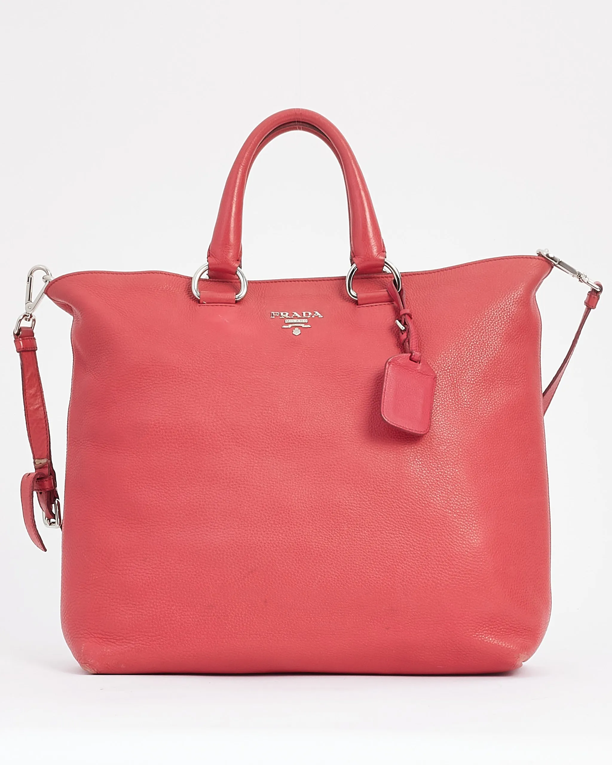 Prada Rose Red Leather Daino Large Convertible Tote Bag