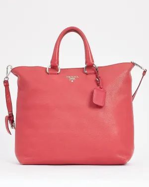 Prada Rose Red Leather Daino Large Convertible Tote Bag