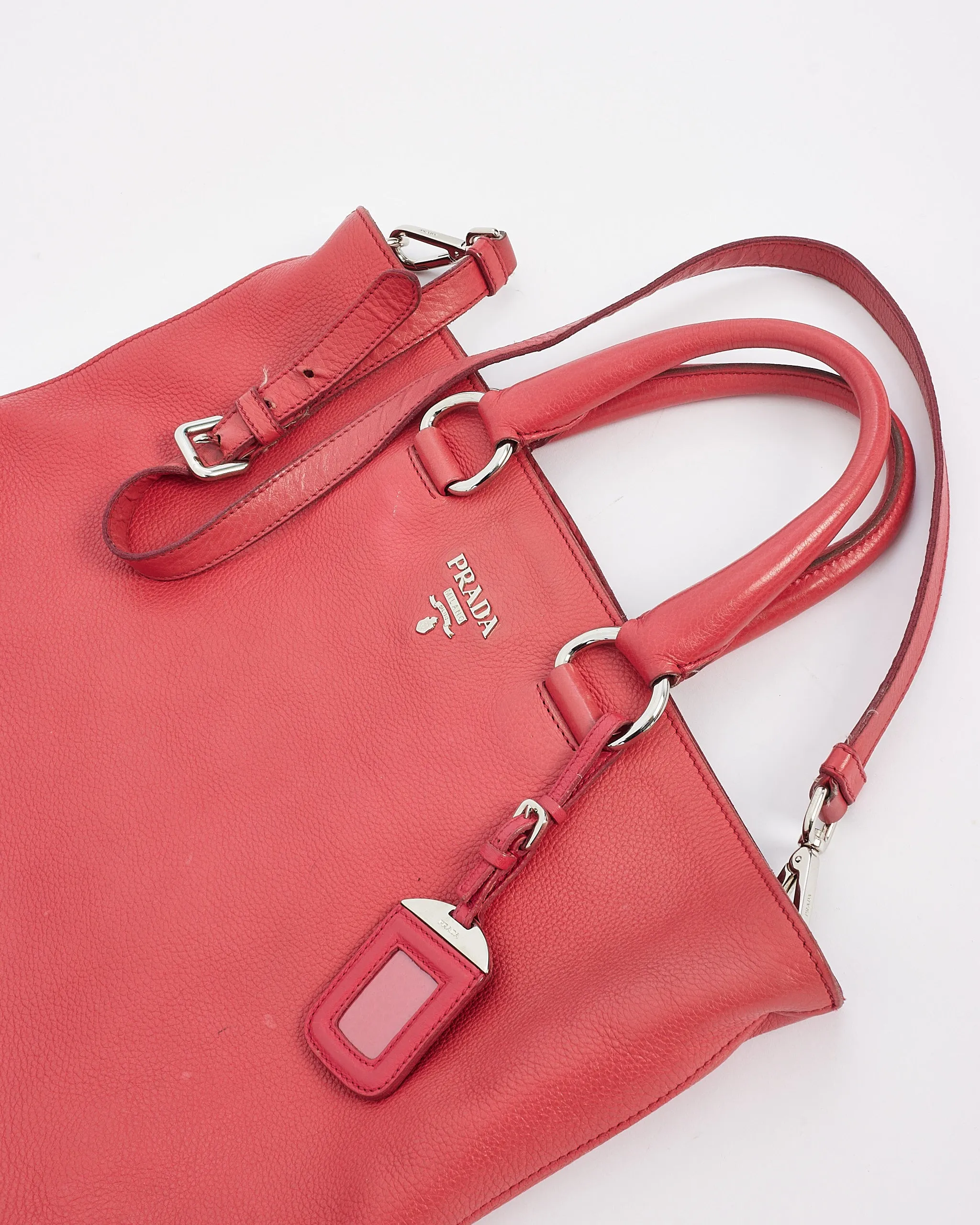 Prada Rose Red Leather Daino Large Convertible Tote Bag