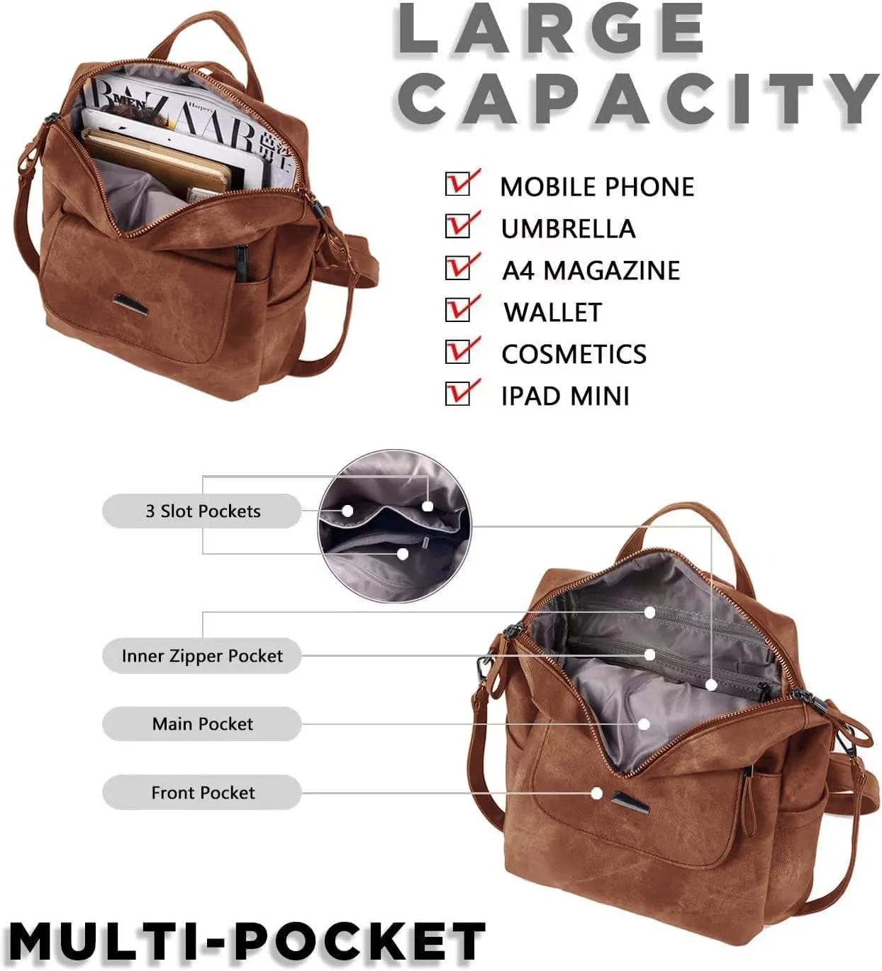 PU Leather Travel Backpack for Women,  Shoulder Bags, Fashion Handbag, Brown