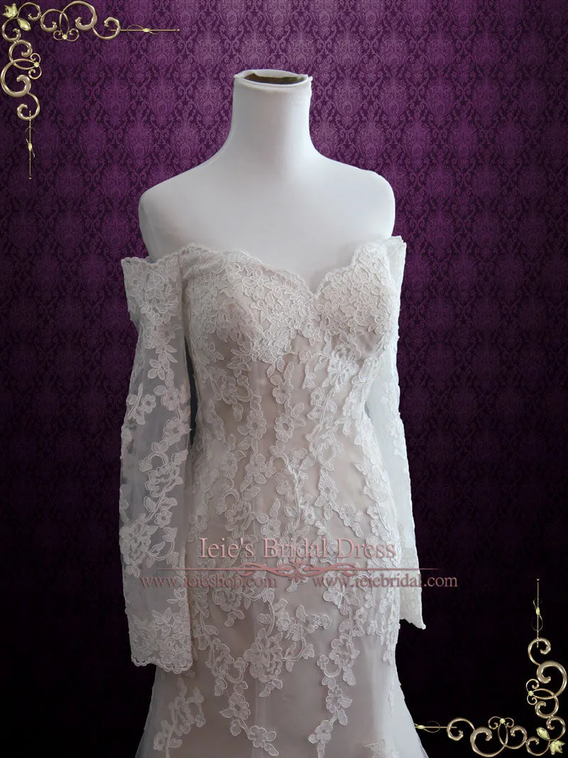 Ready to Wear Champagne Lace Mermaid Wedding Dress with Off Shoulder Sleeves MEG